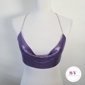 Purple sequin crop halter top with silver chain straps
